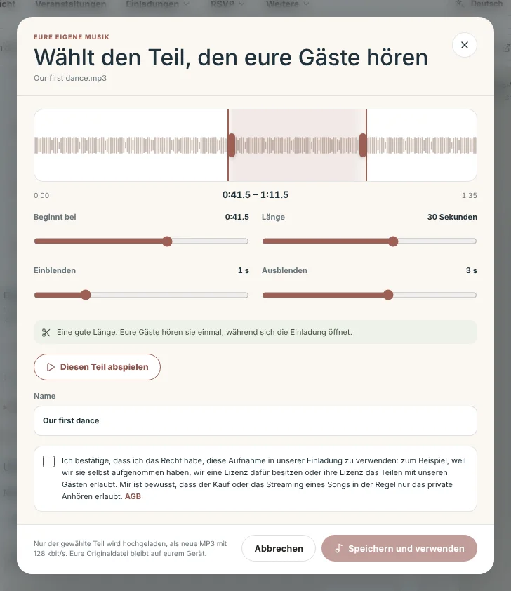Ein hochgeladenes Lied im Editor zuschneiden, mit Ein- und Ausblenden