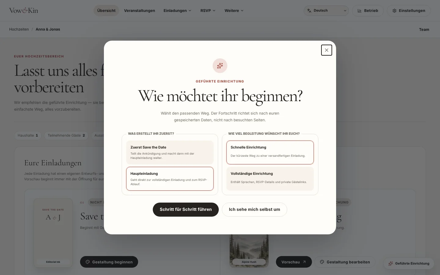 Die Geführte Einrichtung fragt, was ihr zuerst erstellt und wie viel Hilfe ihr möchtet