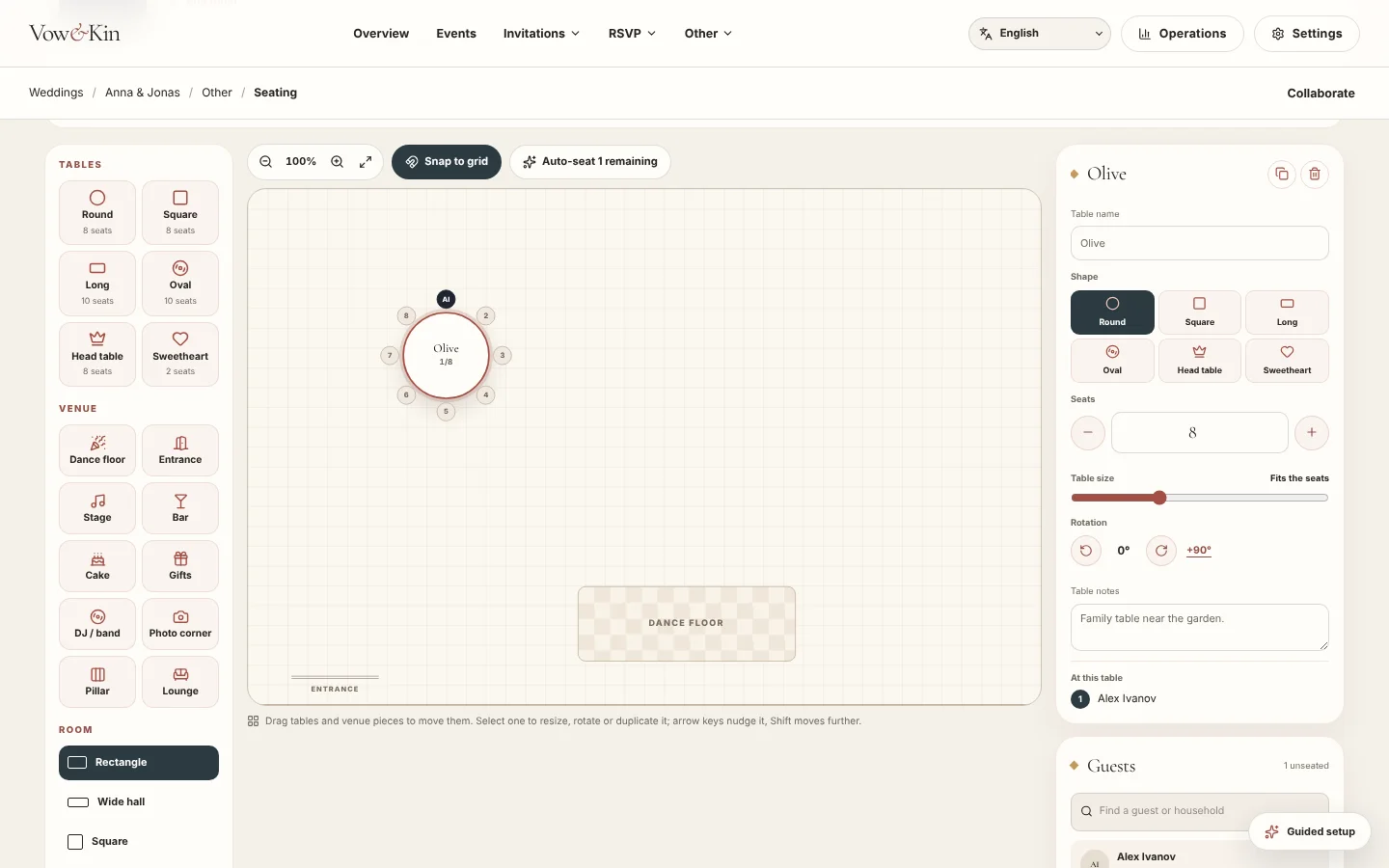 The seating planner with tables, venue pieces and guests to seat